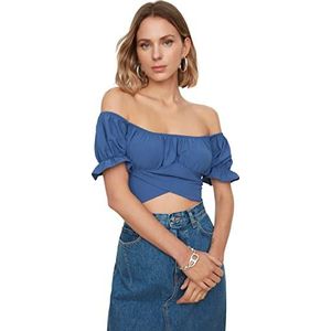 TRENDYOL Dames Woman Regular Off-Shoulder Carmen Collar Woven Blouse Shirt, blauw, 34