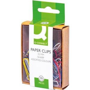 Q-CONNECT papierklemmen, 32 mm, doos van 75 stuks, ophangbaar, geassorteerde kleuren. 10 stuks