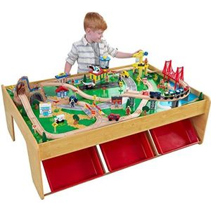 KidKraft 17850 Waterfall Mountain houten treinbaanset met tafel voor kinderen, spoorwegactiviteitenset inclusief accessoires (120 stuks)