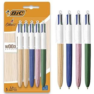 BIC 4 kleuren houten stijl intrekbare balpennen medium punten (1,0 mm) met houteffectvat - verpakking van 5 stuks