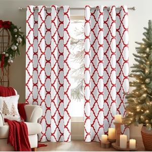 Melodieux Marokkaanse mode thermisch geïsoleerde kamer verduistering verduisterende tule gordijnen voor woonkamer, 106 bij 203 cm, Off White/Red (2 panelen)