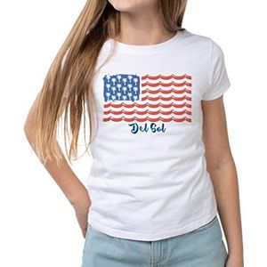 Del Sol Jeugd Meisjes Crew Tee - Tropisch Amerikana, Wit T-shirt - Veranderingen van grijs & wit naar rood, wit & blauwe kleuren in de zon - 100% gekamd, ringgesponnen katoen, korte mouw - maat YM