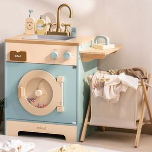 ROBUD Kinderwasmachine van hout met wasmand, strijkplank, wasmiddel en meer, geschikt voor kinderen vanaf 3 jaar.
