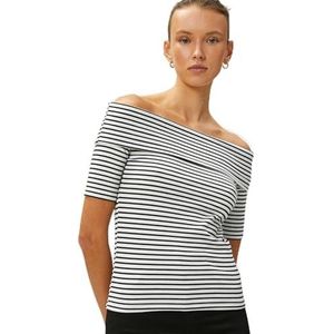 Koton Dames Off The Short Sleeve Slim Fit T-shirt, Black Stripe (9s9), S