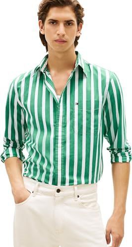 Tommy Hilfiger Heren Flex POPLIN Bold Stripe Shirt MW0MW41715 L/S Shirt, groen, XS, Groen (Nouveau Groen/Streep), XS