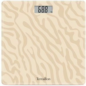 TERRAILLON - One Gold SAND - elektronische personenweegschaal, compact en ultradun, glasplaat 27 cm x 27 cm, lcd-display, capaciteit 160 kg, schaal 100 g, zeefdruk zandgoud