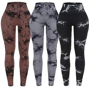 OVESPORT 3 Pack Tie Dye Naadloze Hoge Taille Workout Leggings Voor Vrouwen Scrunch Butt Lifting Yoga Gym Atletische Broek, 3pack-bruin/grijs/zwart, M
