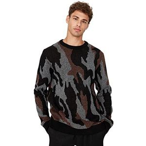 Trendyol Heren Crew Neck Batik Print Slim Sweater Sweater, Zwart, L, Zwart, L
