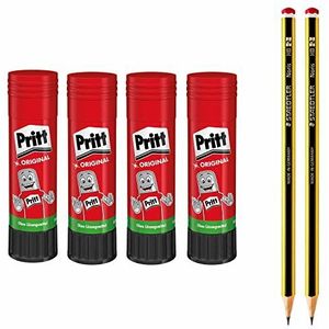 Pritt lijmstift, veilige en kindvriendelijke lijm voor knutselen, sterke lijm voor school & kantoor, voordelige set met 4x 22 g Pritt stift en 2x HB potloden
