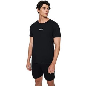 Trendyol Heren man effen elastische taille gedetailleerde midden gebreide T-shirt-korte pyjama set, zwart, XL, Zwart, XL