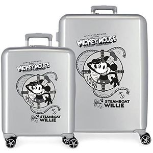Disney Mickey Steamboad kofferset, grijs, 55/70 cm, stijf, ABS-sluiting, geïntegreerde TSA-sluiting, 119 l, 6 kg, 4 wielen, dubbele wiel, handbagage, Grijs, Eén maat, kofferset