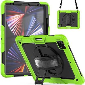 Etrui voor iPad Pro 12.9 2018/2020/2021, schokbestendig, robuust, met 360° draaibare standaard/tas en schouderriem, groen + zwart