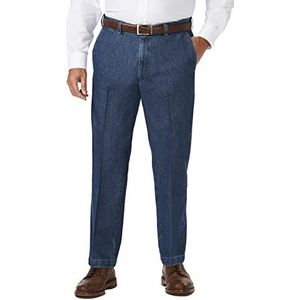 Haggar Men's Big and Tall Stretch Denim Expandable Classic Fit Flat Front Pant, Medium Blue, 44Wx32L