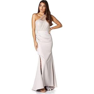 Brooke One Shoulder Tulle Top Maxi Dress with Thigh Split, Silver, EU 44