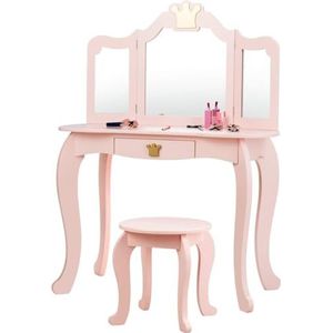FANTASK Kinderkaptafel van hout, meisjeskaptafel met kruk in roze, kindertafel met lade en afneembare spiegel