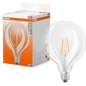 OSRAM LED Star Globe LED-lamp in klassieke bolvorm, 7 W / 806 lm, 4000 K voor koud wit licht, CRI 80, helder loodvrij glas, E27 fitting, IP20, EEK E, 125 mm diameter.