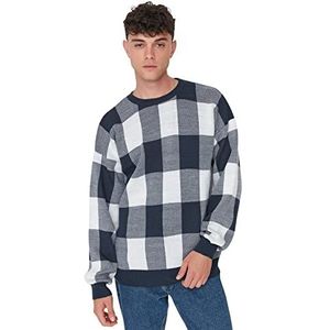 Trendyol Heren ronde hals geruite oversized trui sweatshirt, Donkerblauw, XL