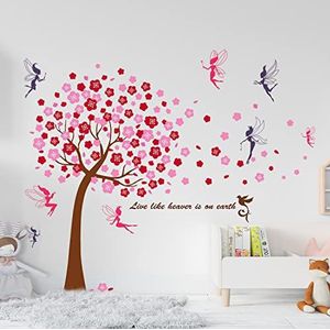 Walplus Stickers Muur Decoratie - Decoratief Niet Giftig Blijvend Vinyl Raam Kast Deuren Walplus Muursticker Roze Kersenboom Met Feeën Kinderkunst Kleurrijke Kunst 3D Paars Rozeroodbruin