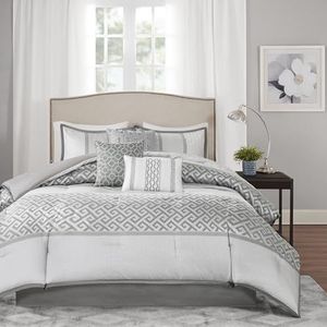 Madison Park Luxe dekbedset, traditioneel jacquard ontwerp, beddengoed voor alle seizoenen, bijpassende bedrok, decoratieve kussens, queensize (229 x 229 cm), Bennett, geometrisch grijs, 7-delig