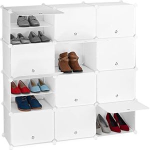 Relaxdays schoenenkast, 24 vakken, met deuren, opbergkast voor schoenen, kunststof & metaal, 125 x 125 x 32 cm, wit
