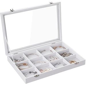 Frebeauty Fluwelen sieradenlade, 12 rasters sieradenorganizer met doorzichtig deksel, armbandhouder, sieradenvitrine met sluiting, lade invoegen armband broche, 35 x 20 cm, cadeau voor vrouwen meisjes
