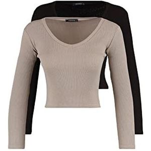 Trendyol Dames getailleerde Basic V-hals gebreide blouse, Beige/bruin, XS