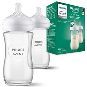 Philips Avent Glazen Natural Response-babyfles - 2 Babymelkflessen van 240ml, BPA-vrij voor pasgeboren baby's van 1 maand en ouder (Model SCY933/02)