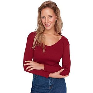Trendyol Dames vrouw normale standaard V-hals gebreide blouse shirt, bordeaux, XL, Bourgondy, XL