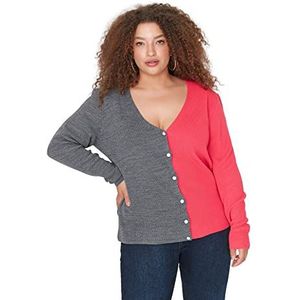 Trendyol Dames V-hals Colorblock Relaxed Plus Size Cardigan Sweater, Antraciet, 3XL, Antraciet, 3XL