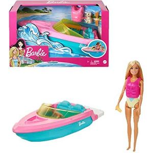 Barbie Pop en Boot, speelset met puppy, reddingsvest en accessoires, boot drijft echt en biedt plaats aan 3 poppen, cadeau voor kinderen van 3-7 jaar, GRG30