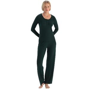 Women's Dark Green Long Sleeve Viscose Camsoset T-Shirt Broek Pyjama Set, L, dark green, L