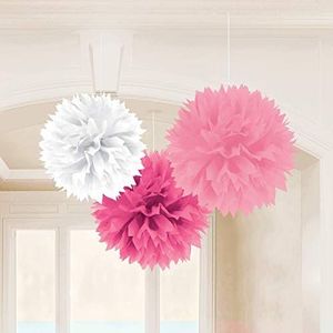 Amscan 181045 - Fluffy decoratieve ballen om op te hangen, roze, wit, 3 stuks, circa 40,6 cm, papier, hangdecoratie