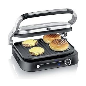 SEVERIN Sevini Pro KG 2395 Contactgrill voor sandwiches, steak en als panini-grill, anti-aanbaklaag, voor vetvrij grillen, met 7 automatische programma's, 1800 W, zwart/zilver