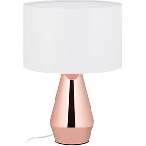 Relaxdays tafellamp met touch dimmer, nachtkast lampje, HxØ: 40 x 29 cm, E27-fitting, stoffen lampenkap, koper/wit