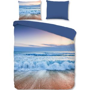 Cheqo® Luxe Katoenen Dekbedovertrek 240x220 cm - Zee en Strand Print - Blauw/Beige - 2 Persoons - 100% Zacht Katoen