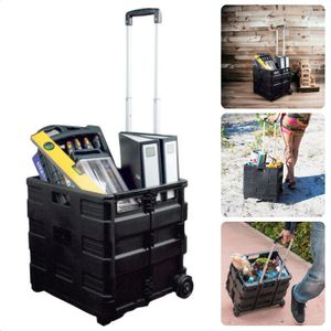 Cheqo® Opvouwbare XL Krat met Trolley - Vouwkrat - Boodschappenkrat met Wielen - Vouwkrat op Wielen - 50 Liter - Inklapbare Boodschappenwagen