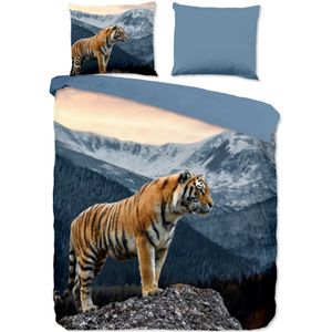 Cheqo® Luxe Microfiber Dekbedovertrek 200x220 cm - Tijger in de Bergen Print - Multi - 2 Persoons - Oeko-Tex Gecertificeerd