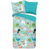 Cheqo® Kinderdekbedovertrek 135x200 cm - Dieren en Regenbogen Print - Aqua - 1 Persoons - 100% Katoen - Oeko-Tex Gecertificeerd