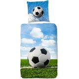 Cheqo® Dekbedovertrek voor Kinderen - 135x200 cm - Voetbal Print - Blauw/Wit - 1 Persoons - 100% Flanel Katoen