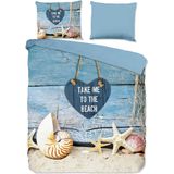 Cheqo® Dekbedovertrek 200x220 cm - Strand en Zee Print - Blauw/Beige - 2 Persoons - Microfiber