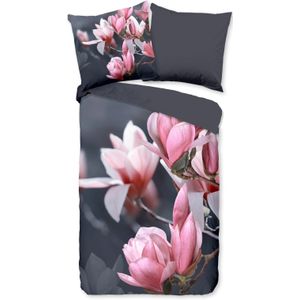 Cheqo® Luxe Microfiber Dekbedovertrek 135x200 cm - Magnolia Bloemen Print - Antraciet - 1 Persoons - Oeko-Tex Gecertificeerd