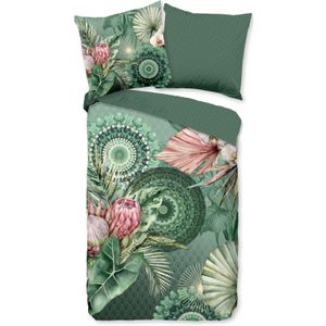 Flanellen Dekbedovertrek 155x220 cm - Mandala's en Bloemen Print - Groen/Roze - 1 Persoons