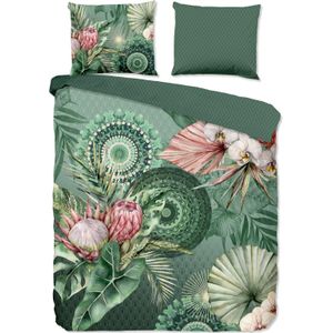 Cheqo® Luxe Flanellen Dekbedovertrek 240x220 cm - Mandala's en Bloemen Print - Groen/Roze - 2 Persoons