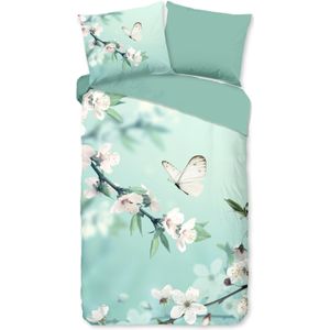 Cheqo® Dekbedovertrek 140x200/220 cm - Vlinder en Bloemen Print - Groen - 1 Persoons - Microfiber