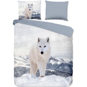 Dekbedovertrek 240x220 cm - Sneeuwlandschap met Wolf Print - Grijs/Wit - 2 Persoons - 100% Zacht Microfiber