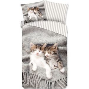 Cheqo® Dekbedovertrek voor Kinderen - 140x200/220 cm - Schattige Kitten Print - Grijs - 1 Persoons