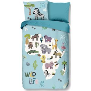 Cheqo® Dekbedovertrek voor Kinderen - 140x220 cm - Safari Dieren Print - Aqua - 1 Persoons - 100% Katoen