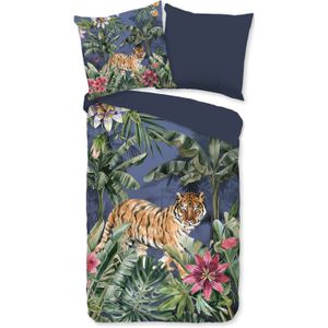 Cheqo® Dekbedovertrek 135x200 cm - Tijger in de Jungle Print - Multi - 1 Persoons - Microfiber - Oeko-Tex Gecertificeerd