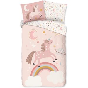 Dekbedovertrek voor Kinderen - 140x200/220 cm - Eenhoorn, Regenboog en Sterren Print - Roze - 1 Persoons