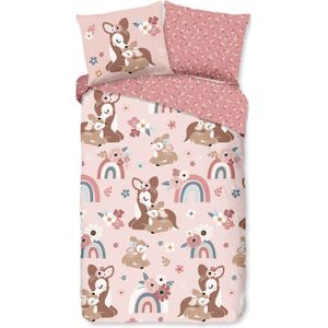 Cheqo® Dekbedovertrek voor Kinderen - 140x200/220 cm - Bambi Hert en Regenboog Print - Roze - 1 Persoons - 100% Katoen